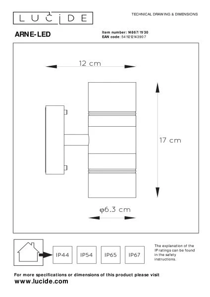 Lucide ARNE-LED - Foco de pared / Lámpara de pared Dentro/Fuera - Ø 6,3 cm - LED - GU10 - 2x5W 2700K - IP44 - Negro - técnico